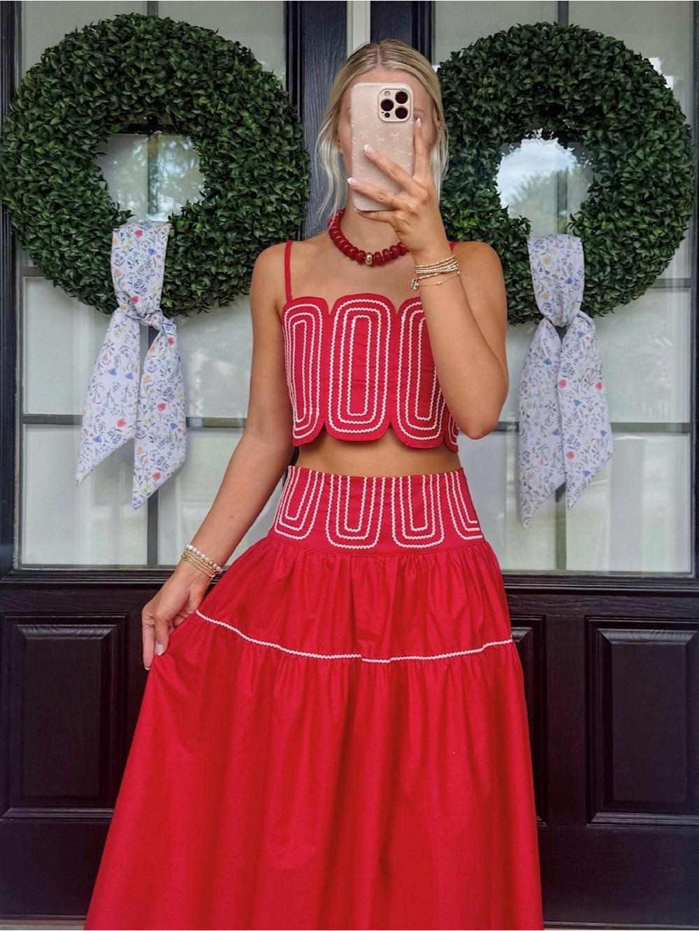 Red Embroidered Maxi Dress with Matching Crop Top - Women's Two-Piece Set